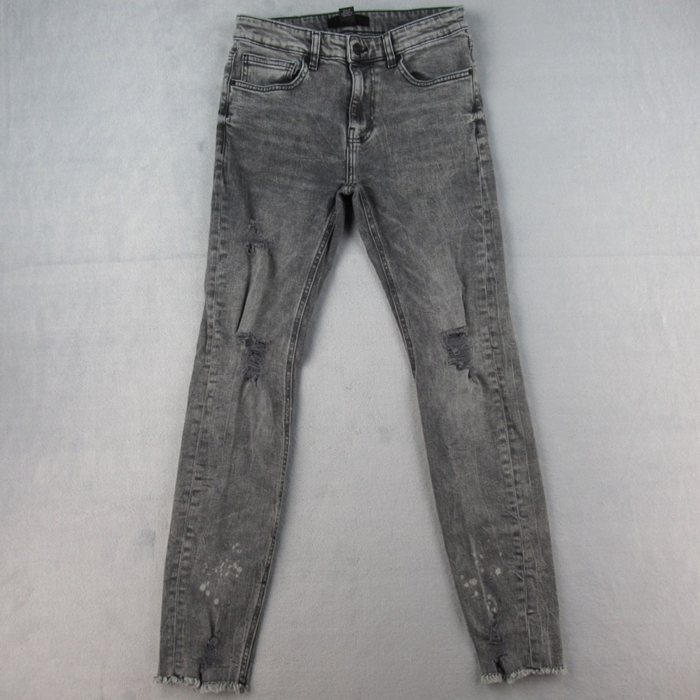 Forever 21 Men Grey Acid Wash‎ Distressed Skinny Jeans Size 30 Raw Hem Splatter